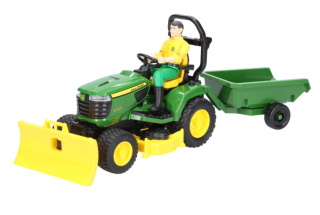Zabawka Bruder John Deere x949 z operatorem, pługiem i pzyczepką